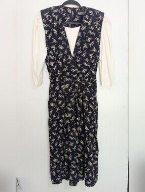 Vintage S.L. Fashions Ditsy Floral Mock Layered Pinafore Midi Dress Navy Cream
